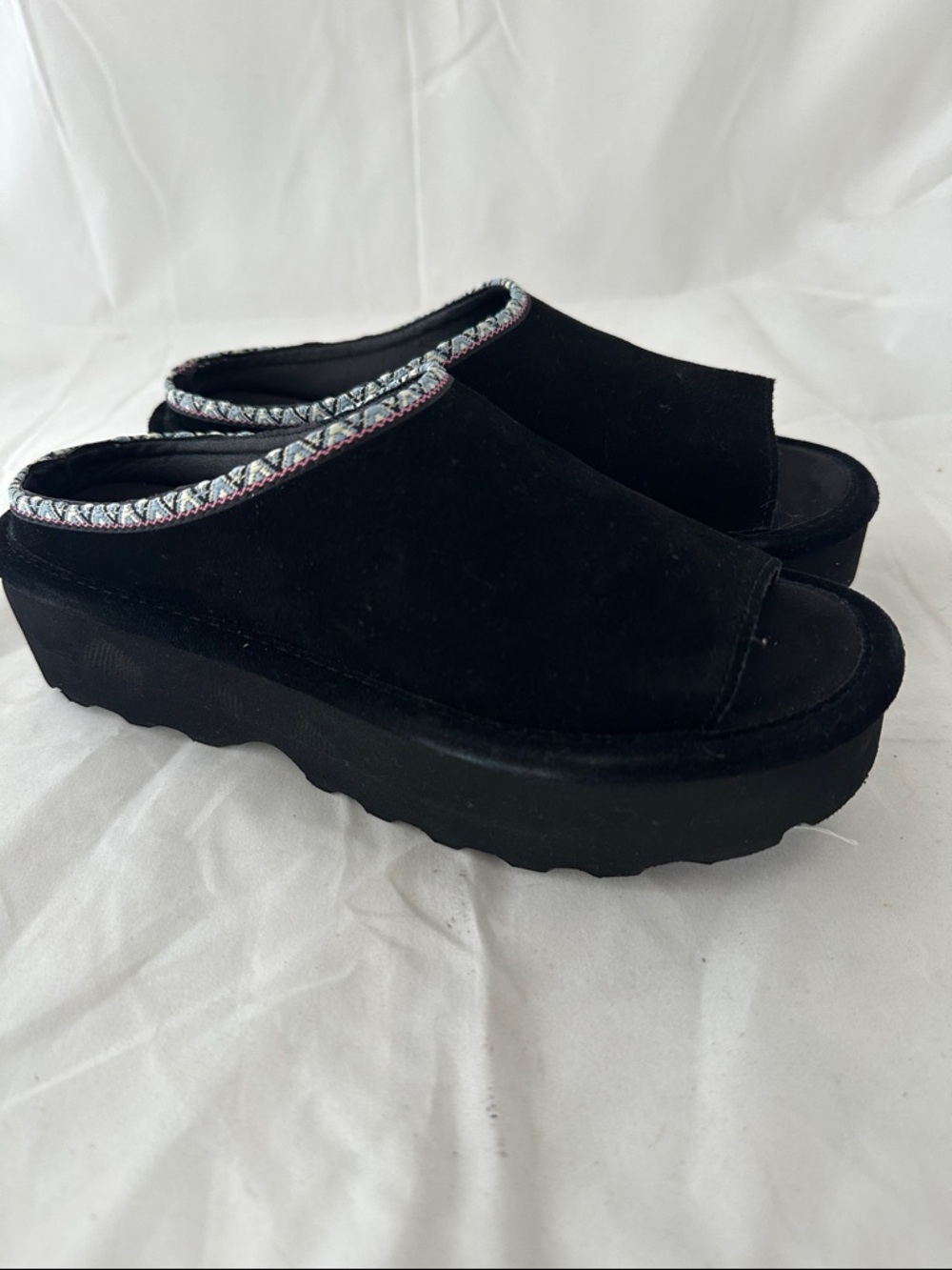 BearPaw Black Platform Mule Slides with Metallic Trim